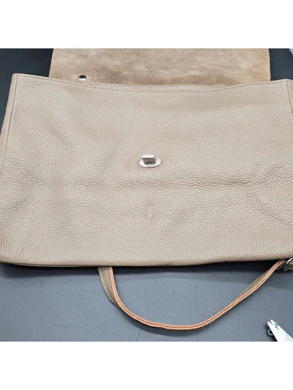 LOOWIE Italian Leather Satchel Bag Taupe Beige Pebbled Leather Crossbody Flap